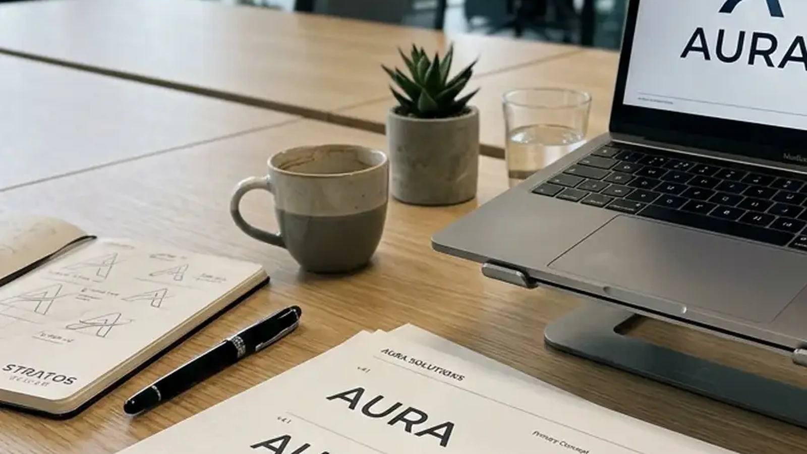 Proceso de diseño de marca presentado sobre mesa de trabajo y pantalla