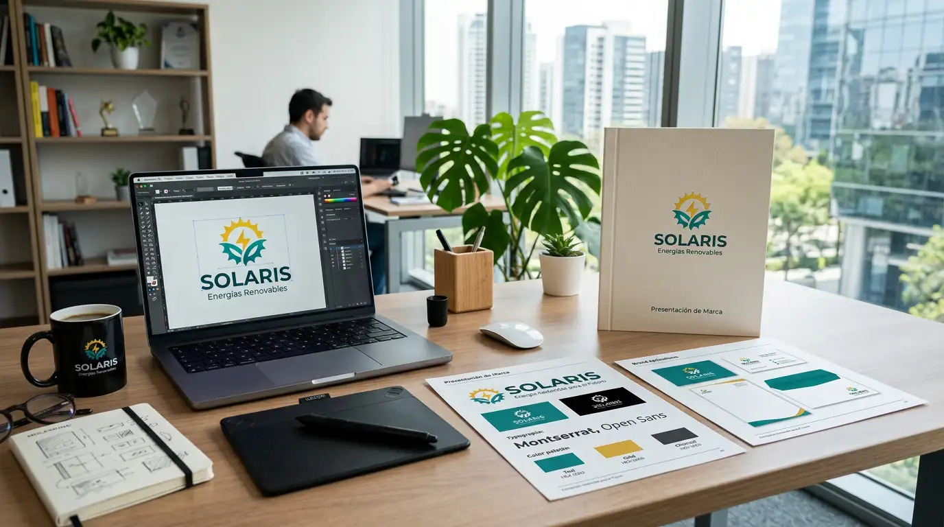 Proceso profesional de diseño de logotipos y aplicaciones de marca