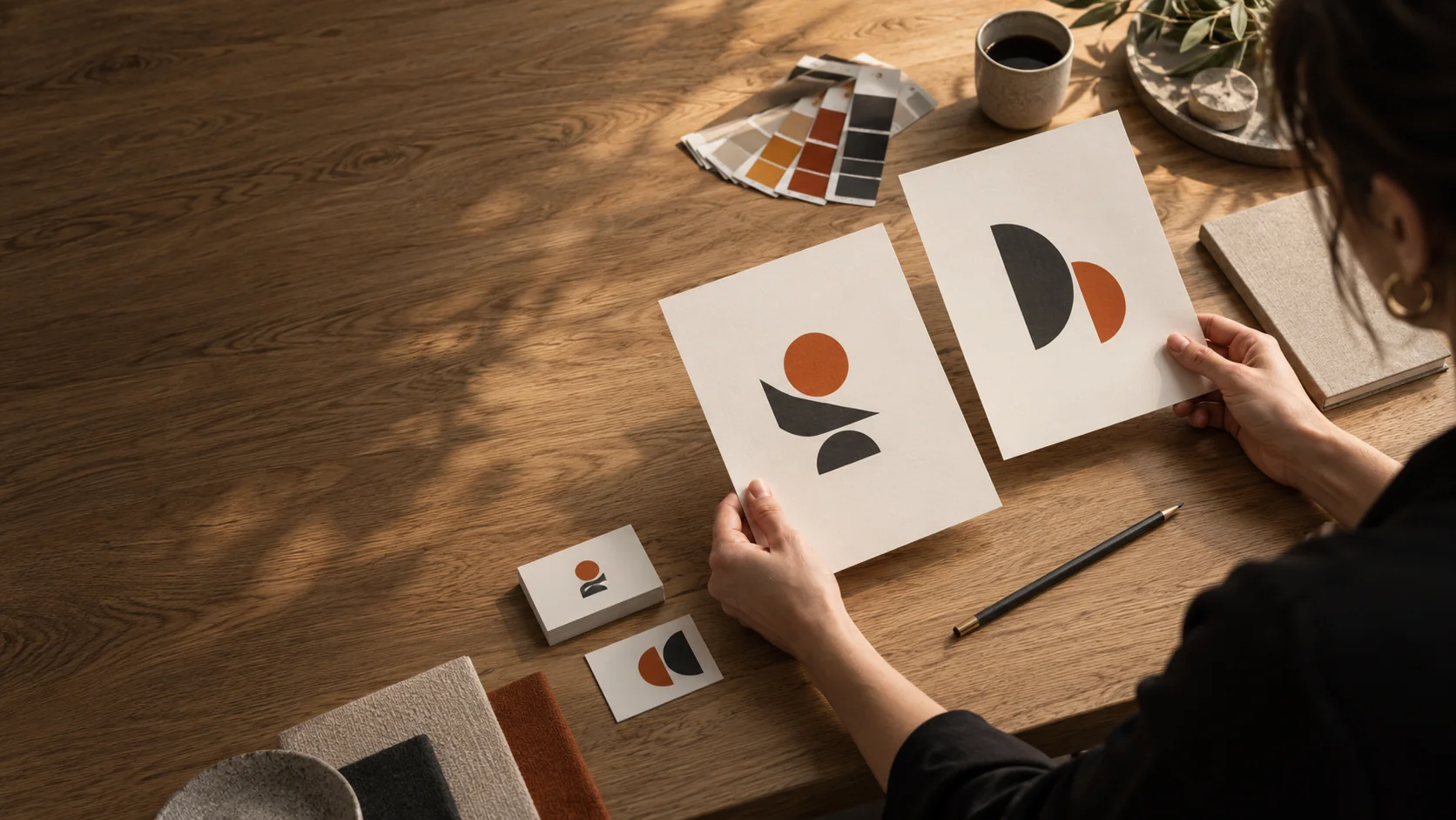 Escena de trabajo creativo con bocetos y propuestas de logotipo