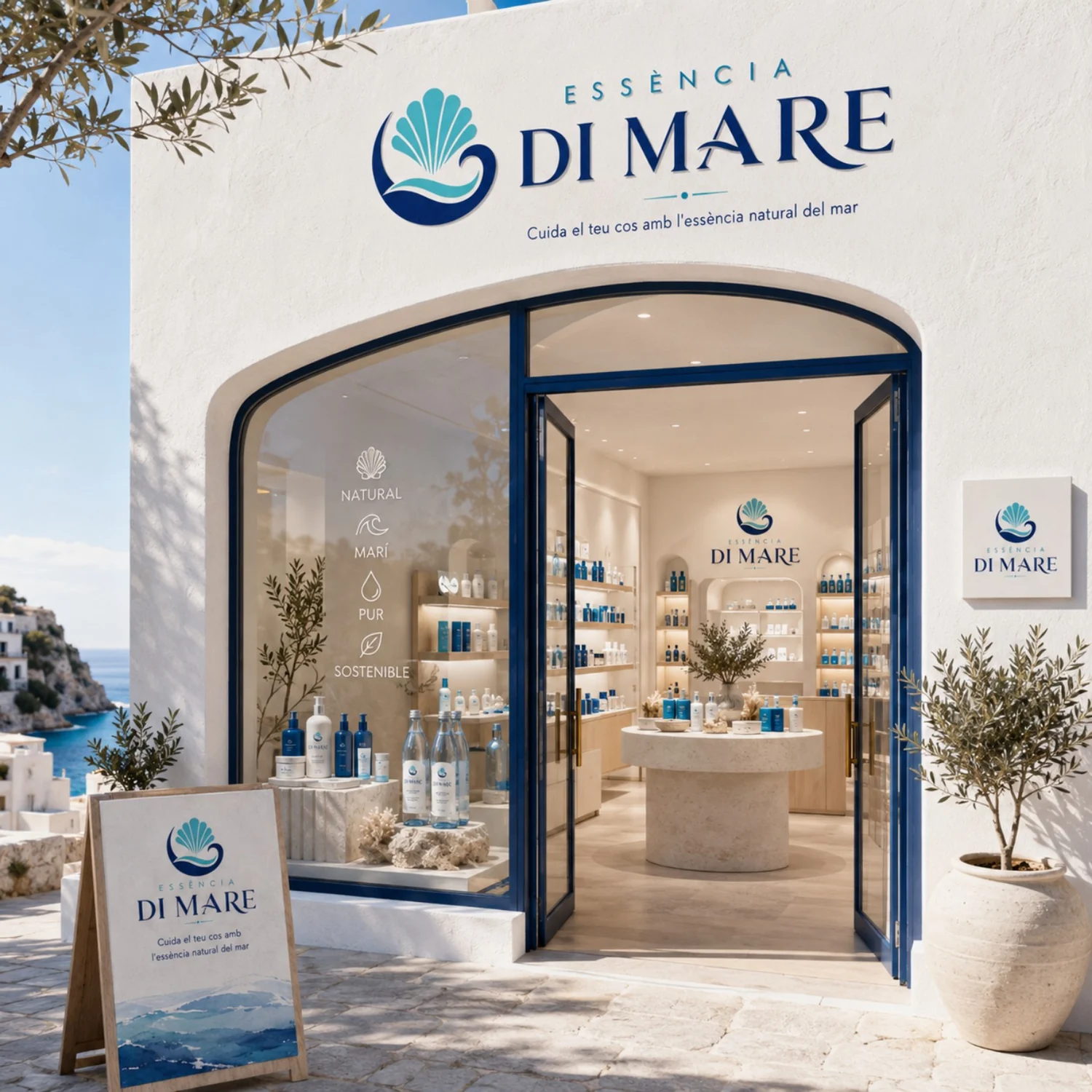 Aplicación de identidad Essència DI MARE en espacio comercial